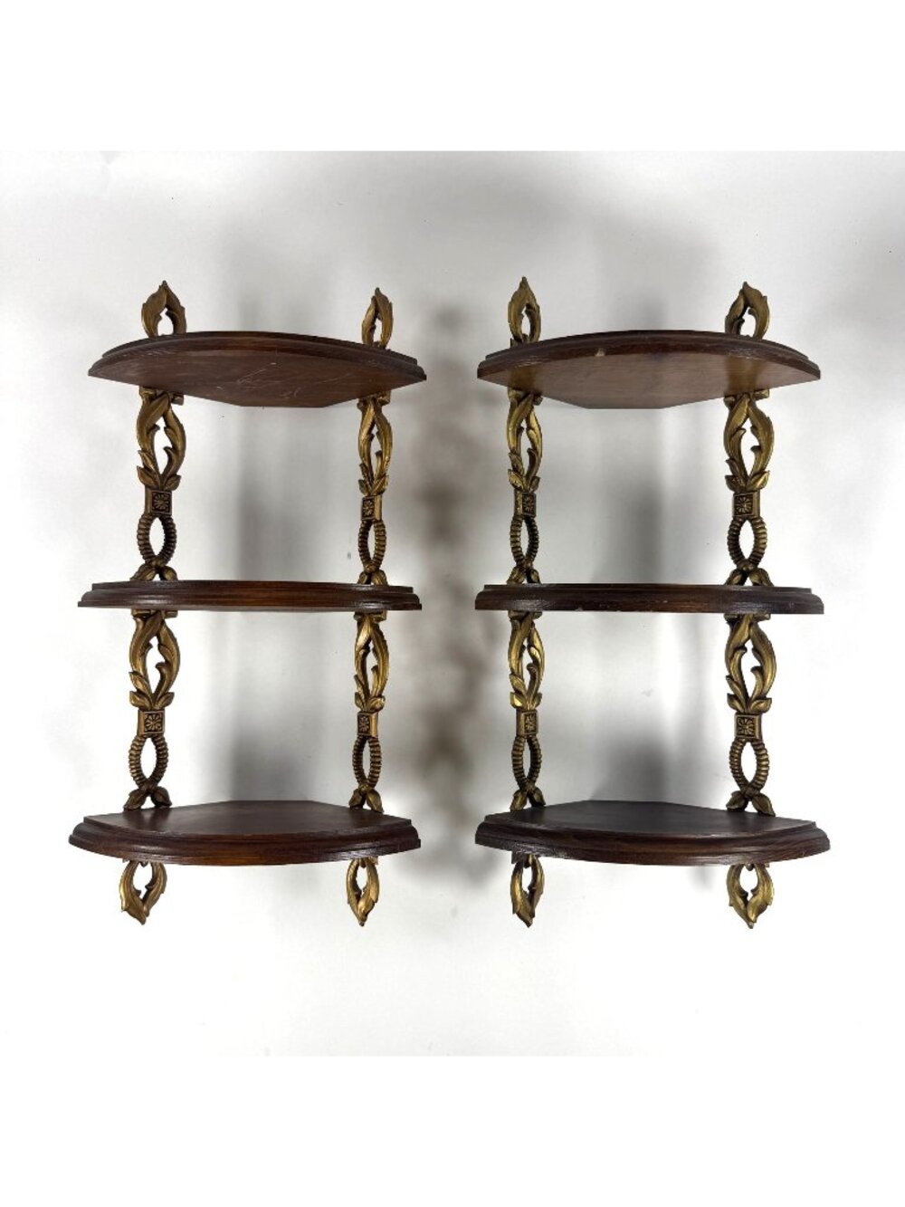 2 Vintage Sexton 3 Tier Corner Hanging Shelves Ornate Metal Wood Wall Display